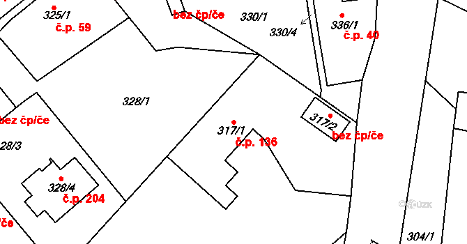 Hudcov 136, Teplice na parcele st. 317/1 v KÚ Hudcov, Katastrální mapa
