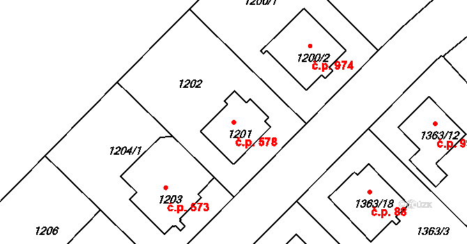 Podolí 578, Praha na parcele st. 1201 v KÚ Podolí, Katastrální mapa