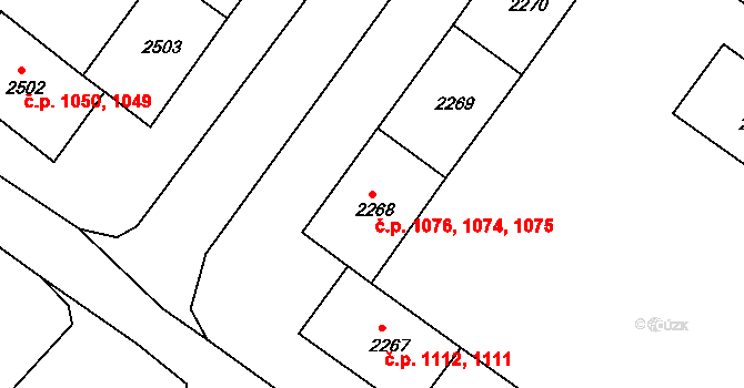 Jirkov 1074,1075,1076 na parcele st. 2268 v KÚ Jirkov, Katastrální mapa