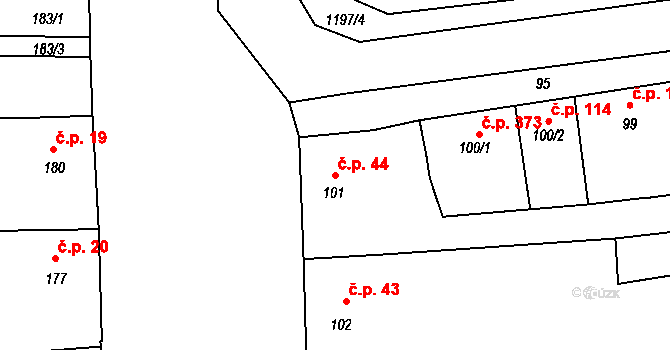 Opatovice 44 na parcele st. 101 v KÚ Opatovice u Rajhradu, Katastrální mapa