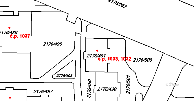 Skvrňany 1032,1033, Plzeň na parcele st. 2176/490 v KÚ Skvrňany, Katastrální mapa