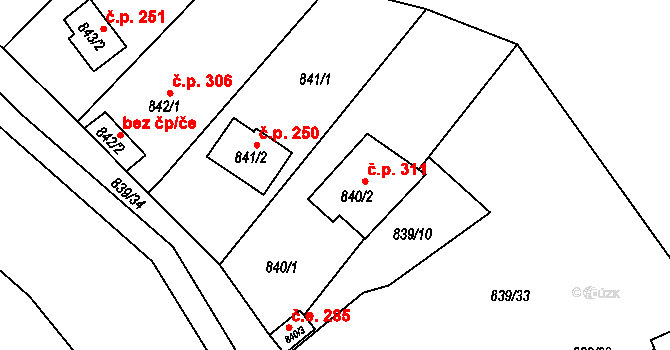 Želešice 311 na parcele st. 840/2 v KÚ Želešice, Katastrální mapa