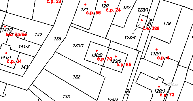 Hruškové Dvory 70, Jihlava na parcele st. 130/2 v KÚ Hruškové Dvory, Katastrální mapa