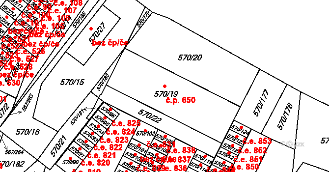 Vyškov-Předměstí 650, Vyškov na parcele st. 570/19 v KÚ Vyškov, Katastrální mapa