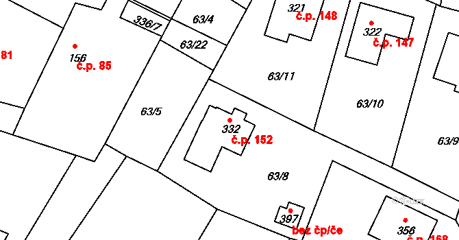 Jestřabí Lhota 152 na parcele st. 332 v KÚ Jestřabí Lhota, Katastrální mapa