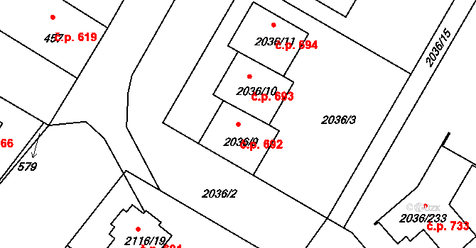 Vacenovice 692 na parcele st. 2036/9 v KÚ Vacenovice u Kyjova, Katastrální mapa