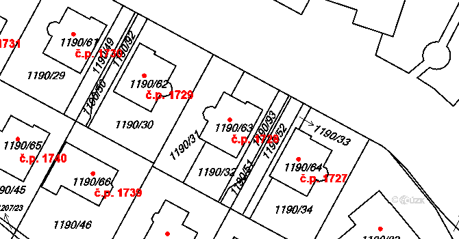 Hostivice 1728 na parcele st. 1190/63 v KÚ Hostivice, Katastrální mapa
