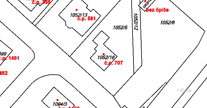 Rumburk 1 707, Rumburk na parcele st. 1052/16 v KÚ Rumburk, Katastrální mapa