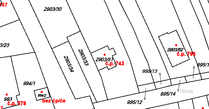 Střelice 743 na parcele st. 2903/81 v KÚ Střelice u Brna, Katastrální mapa