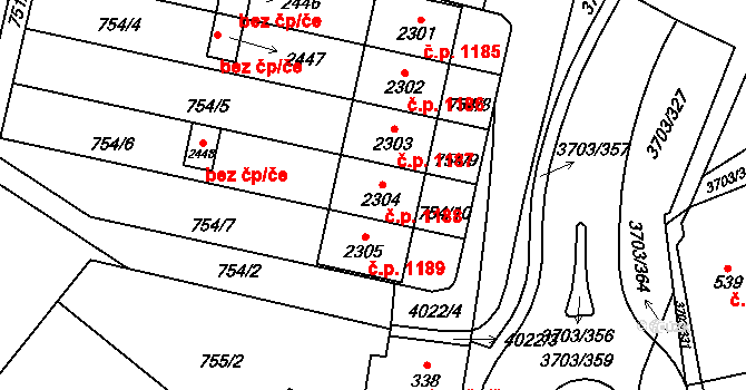 Dobřany 1188 na parcele st. 2304 v KÚ Dobřany, Katastrální mapa