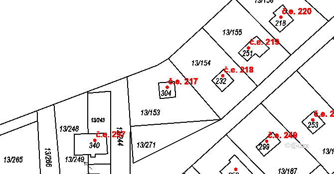 Mechová 217, Lipová na parcele st. 304 v KÚ Mechová, Katastrální mapa