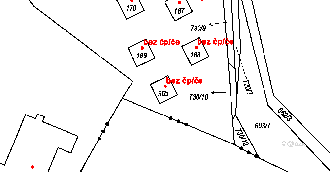 Dobronice u Bechyně 40887332 na parcele st. 365 v KÚ Dobronice u Bechyně, Katastrální mapa