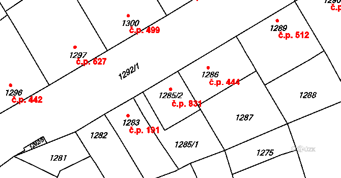 Šardice 831 na parcele st. 1285/2 v KÚ Šardice, Katastrální mapa