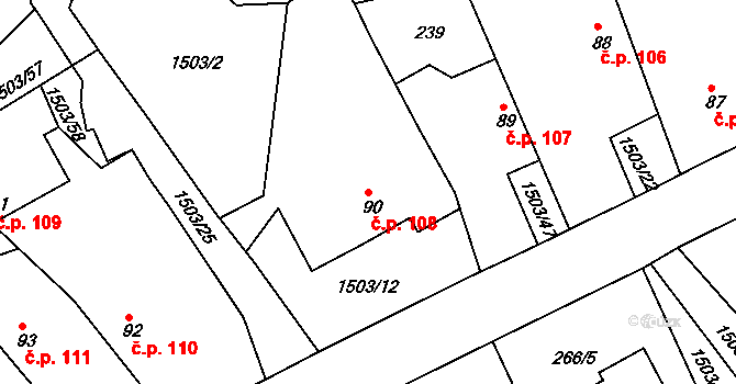 Rosice 108 na parcele st. 90 v KÚ Rosice u Chrasti, Katastrální mapa