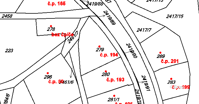 Klenčí pod Čerchovem 194 na parcele st. 279 v KÚ Klenčí pod Čerchovem, Katastrální mapa