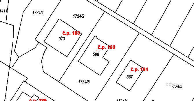 Želetice 186 na parcele st. 566 v KÚ Želetice u Znojma, Katastrální mapa
