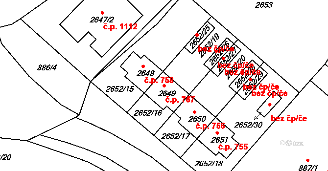 Valtice 757 na parcele st. 2649 v KÚ Valtice, Katastrální mapa