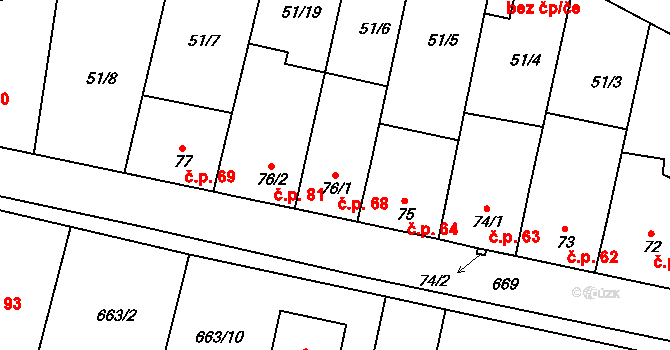 Skoky 68, Dolní Újezd na parcele st. 76/1 v KÚ Skoky u Staměřic, Katastrální mapa