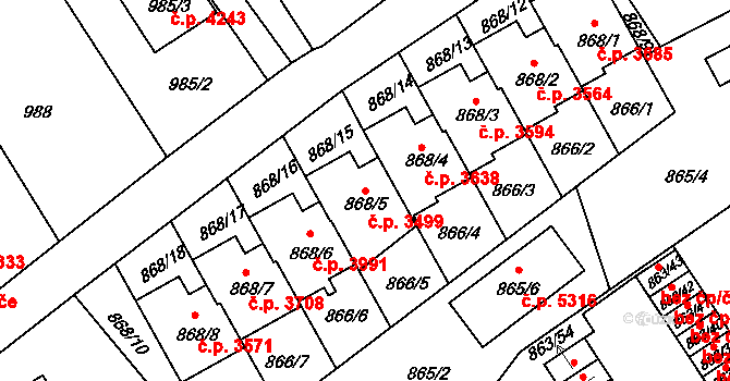 Mšeno nad Nisou 3499, Jablonec nad Nisou na parcele st. 868/5 v KÚ Mšeno nad Nisou, Katastrální mapa