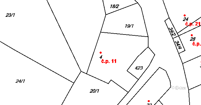 Vržanov 11, Kamenice na parcele st. 4 v KÚ Vržanov, Katastrální mapa