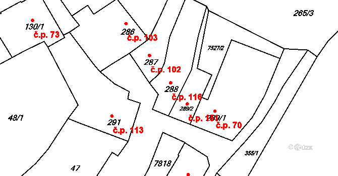 Telč-Podolí 116, Telč na parcele st. 288 v KÚ Telč, Katastrální mapa