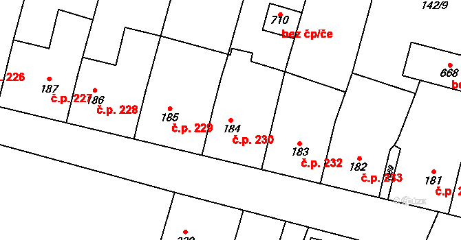 Rožďalovice 230 na parcele st. 184 v KÚ Rožďalovice, Katastrální mapa