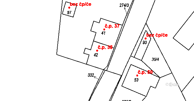 Hřivno 38, Chotětov na parcele st. 42 v KÚ Hřivno, Katastrální mapa