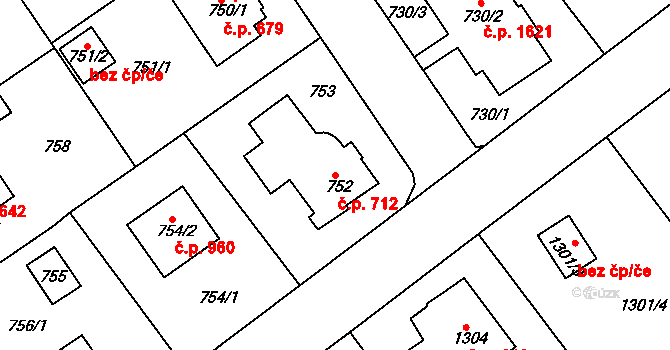 Roztoky 712 na parcele st. 752 v KÚ Roztoky u Prahy, Katastrální mapa