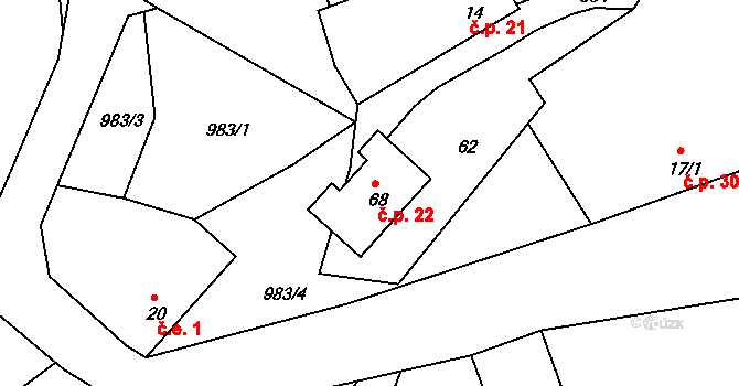 Lbosín 22, Divišov na parcele st. 68 v KÚ Lbosín, Katastrální mapa
