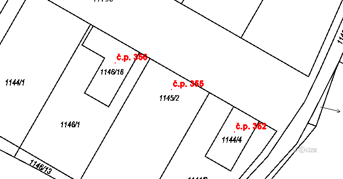 Rychlov 355, Bystřice pod Hostýnem na parcele st. 1145/2 v KÚ Rychlov u Bystřice pod Hostýnem, Katastrální mapa