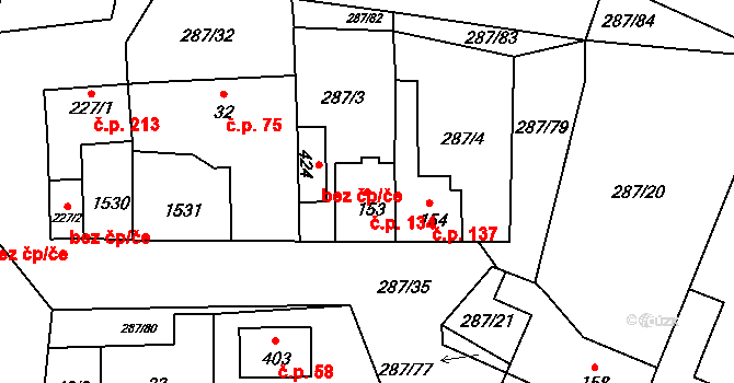Tetín 134 na parcele st. 153 v KÚ Tetín u Berouna, Katastrální mapa