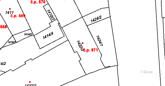 Veveří 971, Brno na parcele st. 1422/3 v KÚ Veveří, Katastrální mapa