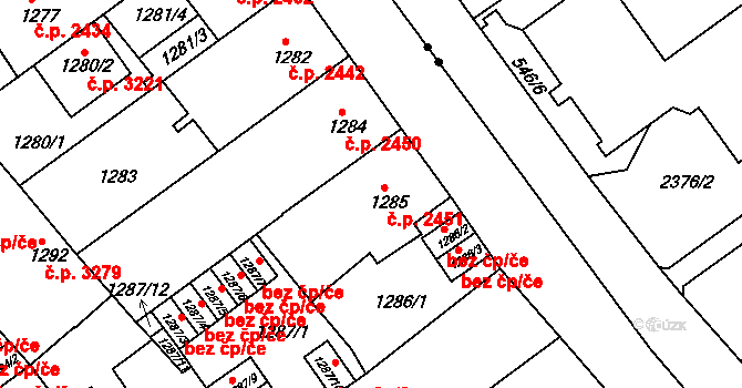 Teplice 2451 na parcele st. 1285 v KÚ Teplice, Katastrální mapa