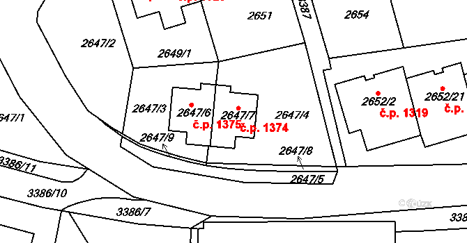 Michle 1374, Praha na parcele st. 2647/7 v KÚ Michle, Katastrální mapa
