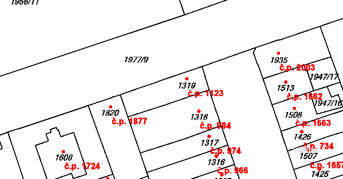 Hodonín 1123 na parcele st. 1319 v KÚ Hodonín, Katastrální mapa
