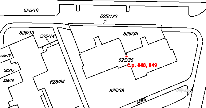 Ráj 848,849, Karviná na parcele st. 525/36 v KÚ Ráj, Katastrální mapa