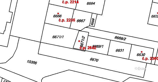 Jižní Předměstí 2642, Plzeň na parcele st. 6671/1 v KÚ Plzeň, Katastrální mapa