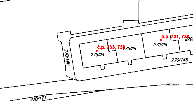 Skvrňany 732,733, Plzeň na parcele st. 270/24 v KÚ Skvrňany, Katastrální mapa