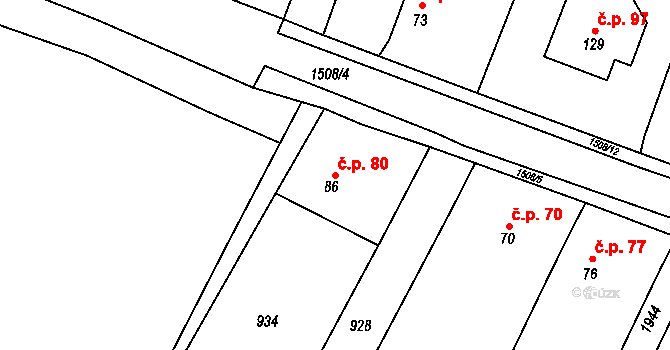 Újezd u Rosic 80 na parcele st. 86 v KÚ Újezd u Rosic, Katastrální mapa
