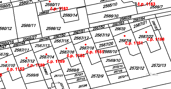 Komín 1151, Brno na parcele st. 2567/18 v KÚ Komín, Katastrální mapa