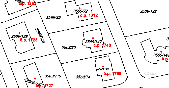 Šlapanice 1740 na parcele st. 3569/147 v KÚ Šlapanice u Brna, Katastrální mapa