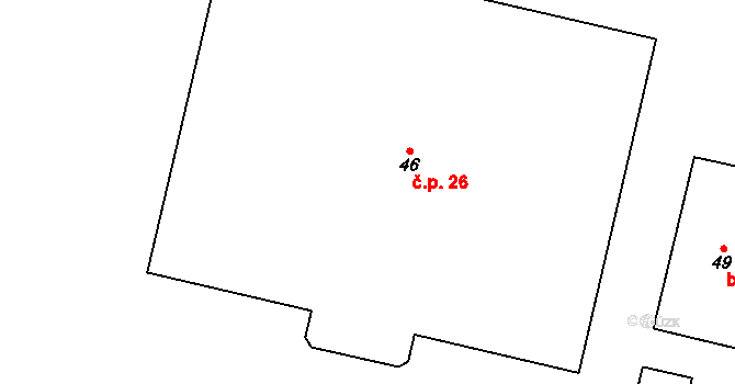 Radimovice 26, Petříkov na parcele st. 46 v KÚ Radimovice u Velkých Popovic, Katastrální mapa