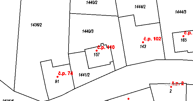 Kožichovice 110 na parcele st. 157 v KÚ Kožichovice, Katastrální mapa