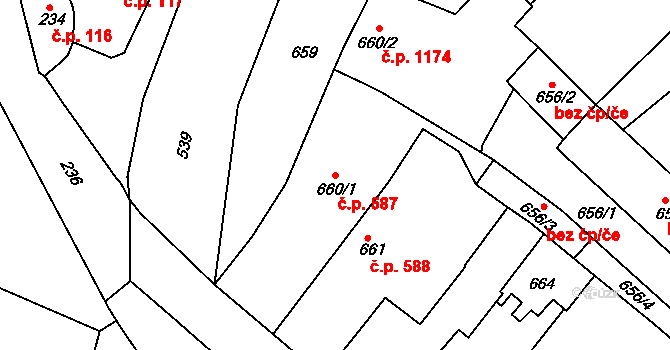 Jemnice 587 na parcele st. 660/1 v KÚ Jemnice, Katastrální mapa