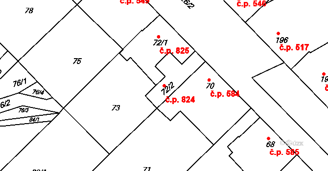Šardice 824 na parcele st. 72/2 v KÚ Šardice, Katastrální mapa