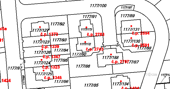Stodůlky 2743, Praha na parcele st. 1177/172 v KÚ Stodůlky, Katastrální mapa