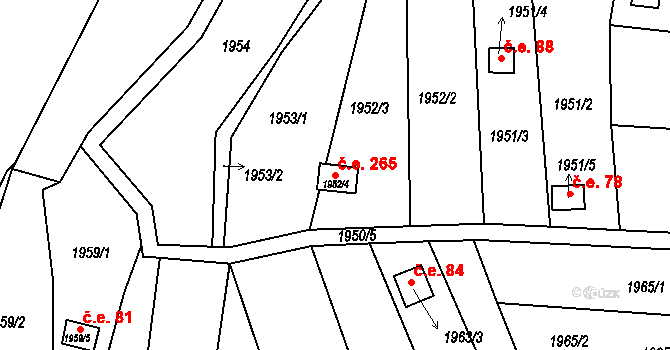 Střelice 265 na parcele st. 1952/4 v KÚ Střelice u Brna, Katastrální mapa