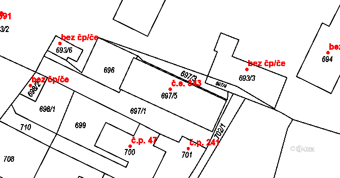 Trmice 343 na parcele st. 697/5 v KÚ Trmice, Katastrální mapa