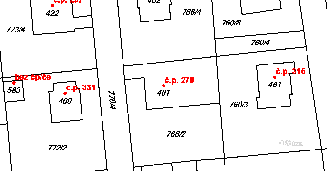 Louky 278, Zlín na parcele st. 401 v KÚ Louky nad Dřevnicí, Katastrální mapa