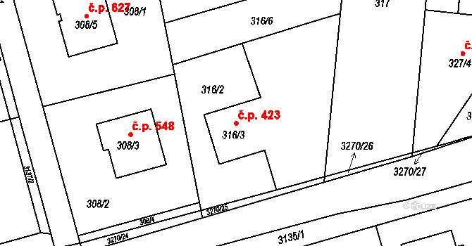Píšť 423 na parcele st. 316/3 v KÚ Píšť, Katastrální mapa